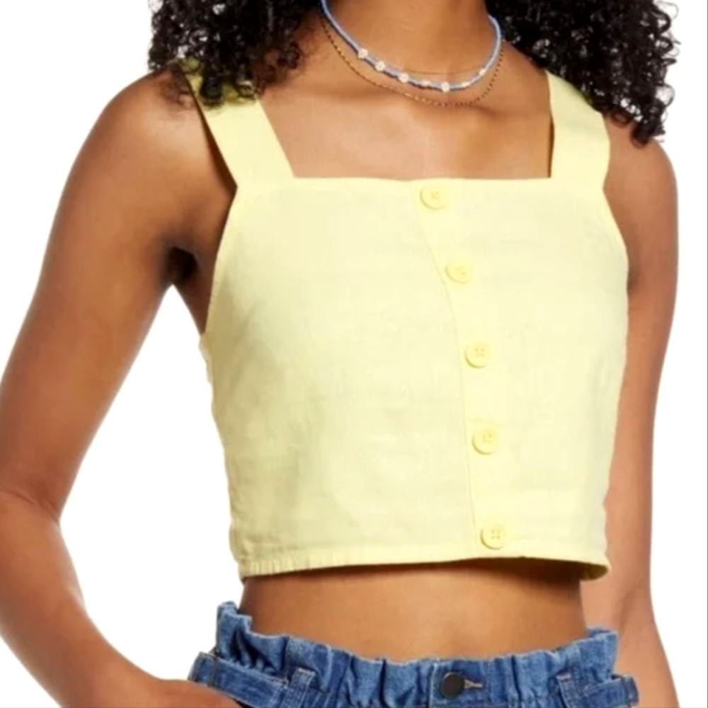 BP Women's Yellow Faux Button Front Linen Blend Cropped Tank Top X-SMALL